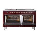 ILVE UN60FSNMPBUP Nostalgie II Noblesse 60 inch Dual Fuel Range (7 Sealed Burners + Griddle + French Top, Natural Gas, Triple Glass Door, Burgundy, Copper)