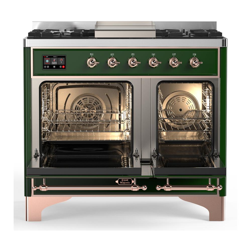 ILVE UMD40FNR3EGPLP Majestic III 40 inch Dual Fuel Range with 6 Burners and Griddle, Dual Function Burner up to 25,000 BTU (Liquid Propane, Triple Glass Door, Emerald Green, Copper)