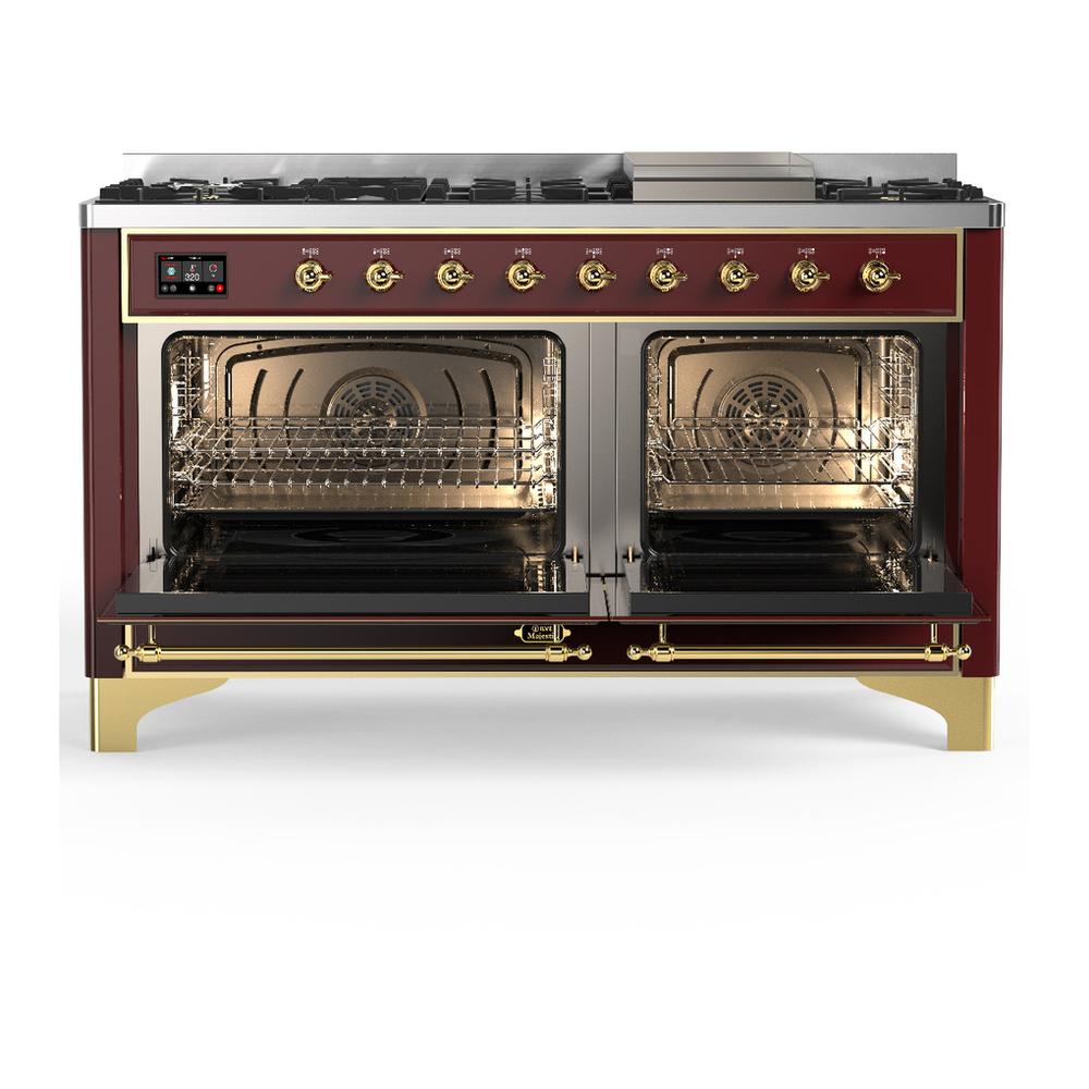 ILVE UM60FNR3BUG Majestic III 60 inch Dual Fuel Range with 9 Burners and Griddle, Dual Function Burner up to 25,000 BTU (Natural Gas, Triple Glass Door, Burgundy, Brass)