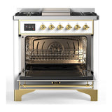 ILVE UM36FNR3WHG Majestic III 36 inch Dual Fuel Range with 6 Black Brass Burners and Griddle, Dual Function Burner up to 25,000 BTU (Triple Glass Door, White, Brass, Natural Gas)