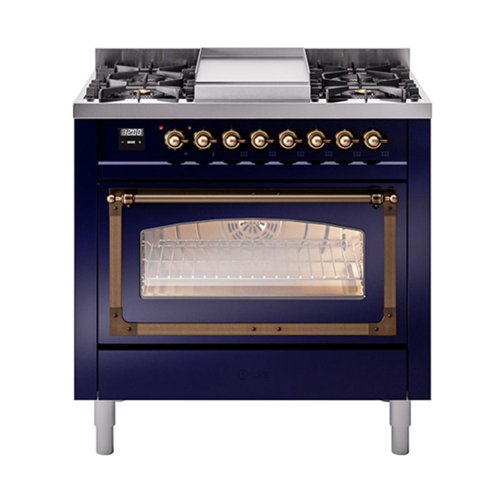 ILVE UN36FNMPMBB Nostalgie II Noblesse 36 inch Dual Fuel Range (Natural Gas, Triple Glass Door, Midnight Blue, Burnished)
