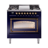 ILVE UN36FNMPMBB Nostalgie II Noblesse 36 inch Dual Fuel Range (Natural Gas, Triple Glass Door, Midnight Blue, Burnished)