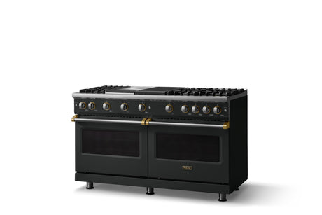 60"W. Sealed Burner Gas Range (Finish: Antique Bronze, Trim: Brushed Brass, Fuel: Natural Gas)
