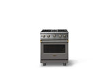 30"W. Open Burner Gas Range (Finish: Damascus Gray, Trim: Brushed Brass, Fuel: Natural Gas)
