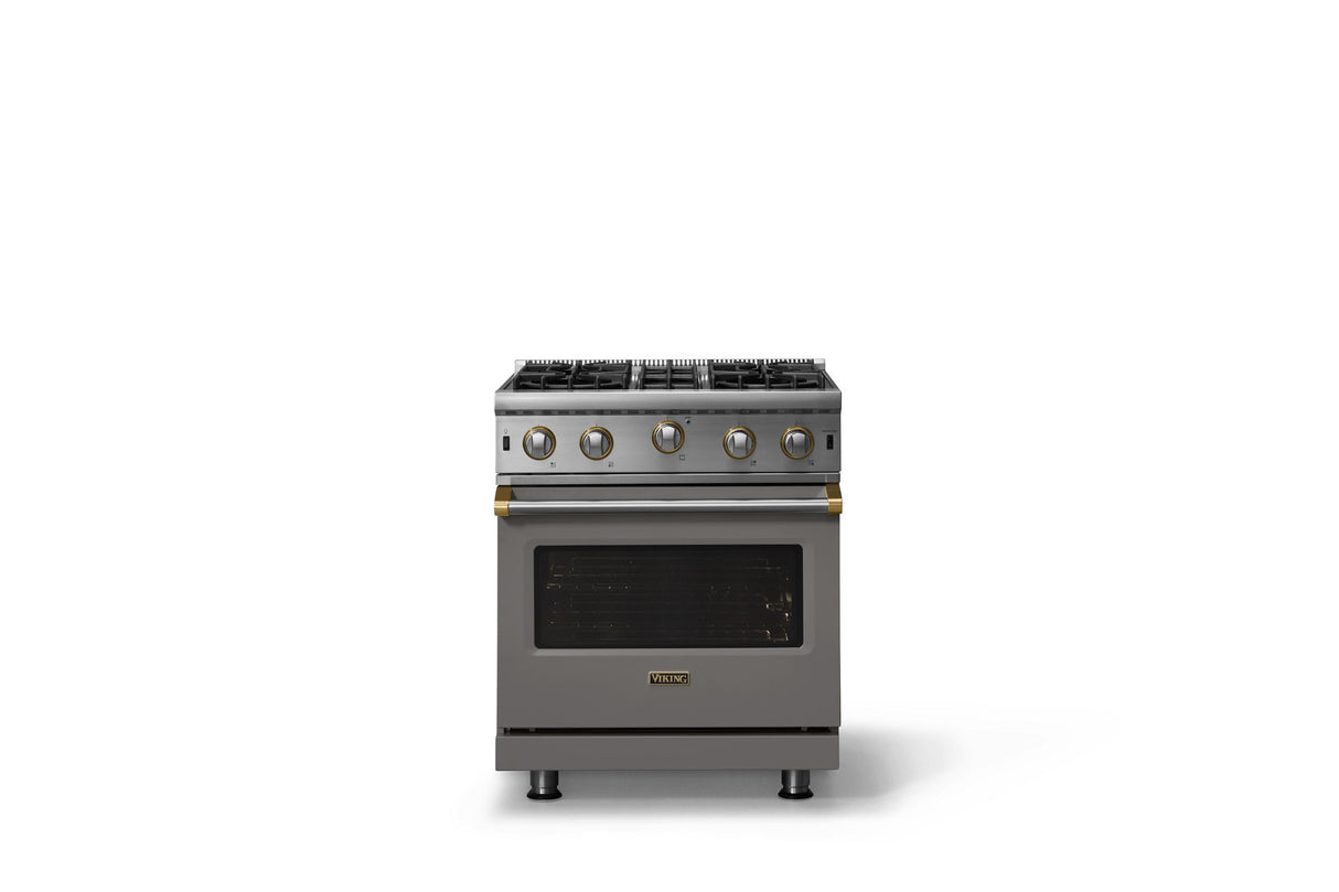 30"W. Open Burner Gas Range (Finish: Damascus Gray, Trim: Brushed Brass, Fuel: Propane)