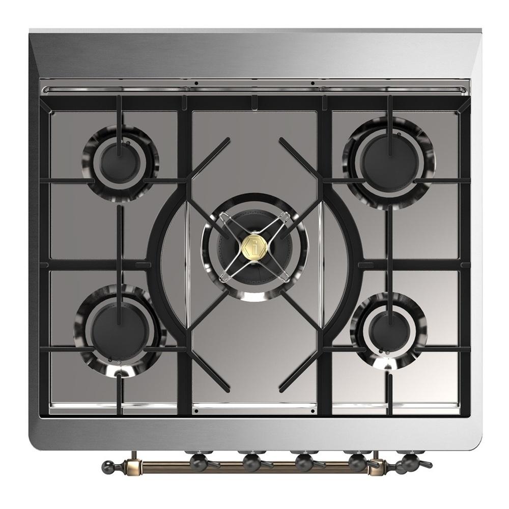 ILVE UM30QNR3SSB Majestic III 30 inch Dual Fuel Range with 5 Black Brass Burners, Dual Function Burner up to 25,000 BTU (Natural Gas, Solid Door, Stainless Steel, Burnished)