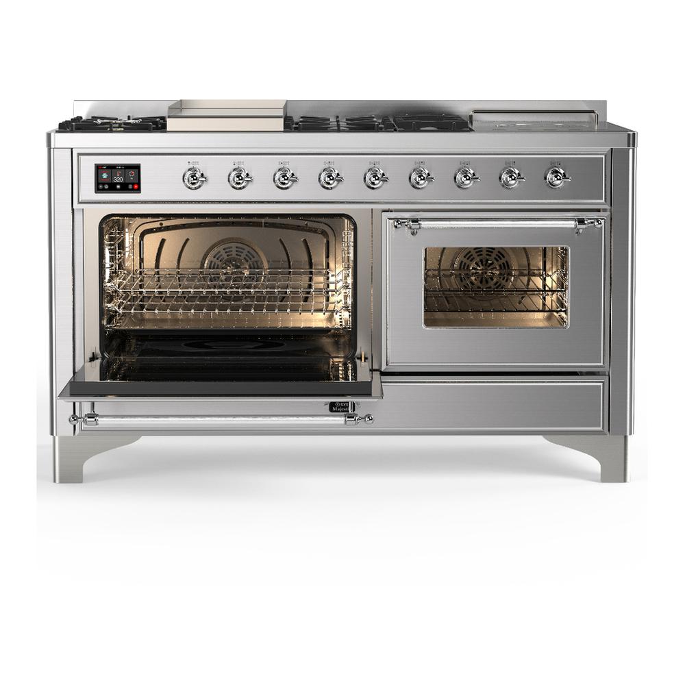ILVE UM60FSNR3SSCLP Majestic III 60 inch Dual Fuel Range with 7 Burners, Griddle and French Top, Dual Function Burner with up to 25,000 BTU (Liquid Propane, Triple Glass Door, Stainless Steel, Chrome)