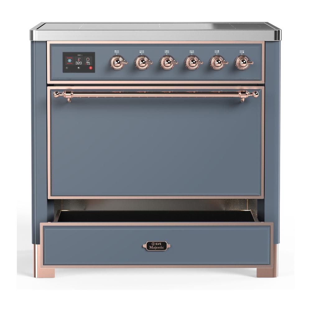 ILVE UMIB36QNR3BGP Majestic III 36 inch Induction Range with 6 Elements, 3.5 cu. ft. Total Oven Capacity (Solid Door, Blue Grey, Copper)