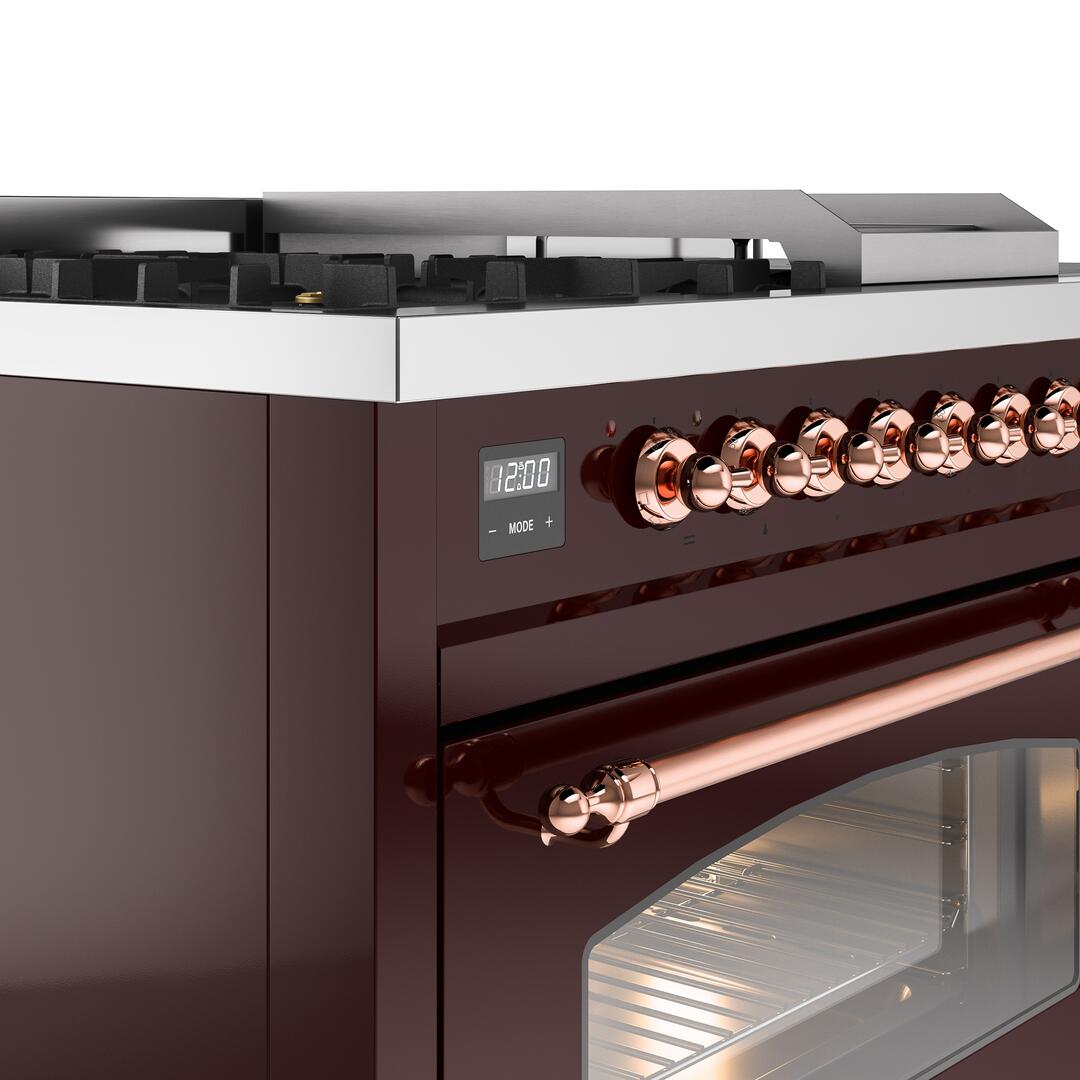 Nostalgie II 48 Inch Dual Fuel Natural Gas Freestanding Range in Burgundy with Copper Trim