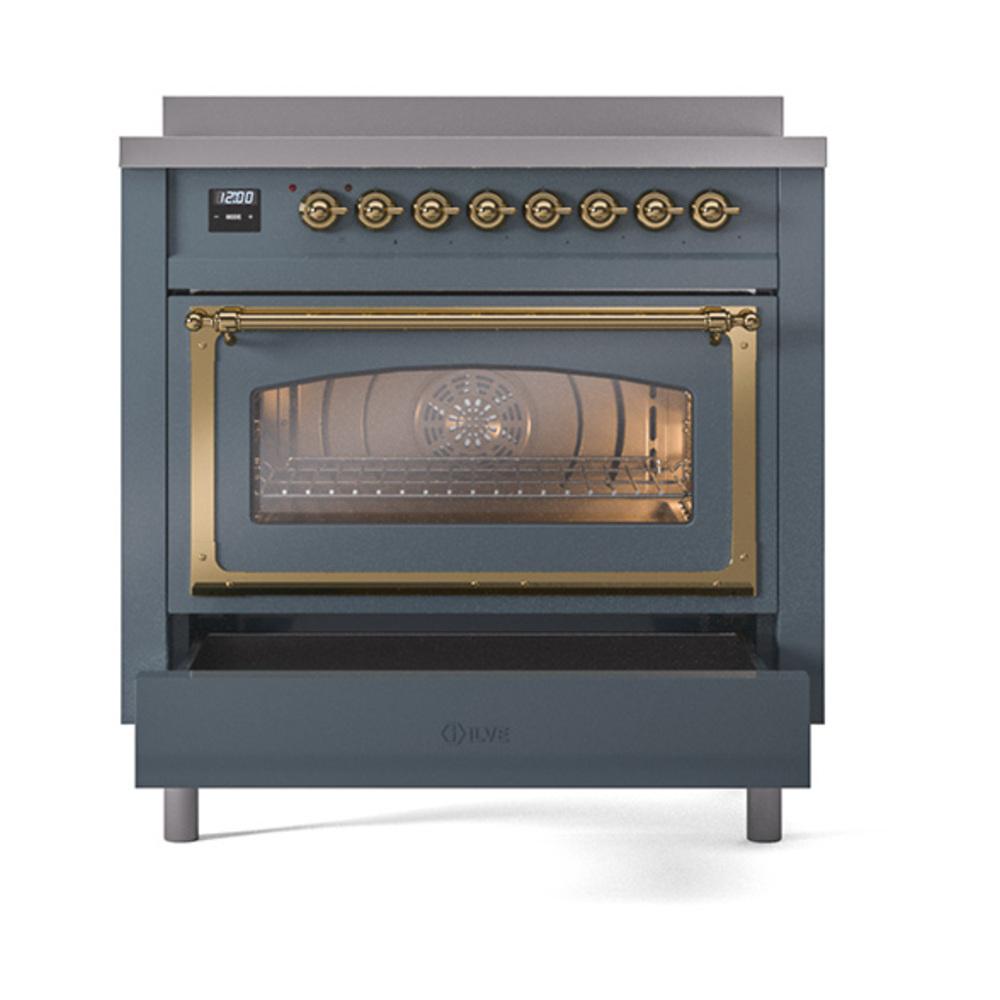 ILVE UNI366NMPBGG Nostalgie II Noblesse 36 inch Induction Range (Triple Glass Door, Blue Grey, Brass)