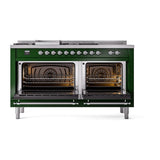 ILVE UN60FSQNMPEGC Nostalgie II Noblesse 60 inch Dual Fuel Range (7 Sealed Burners + Griddle + French Top, Natural Gas, Solid Door, Emerald Green, Chrome)