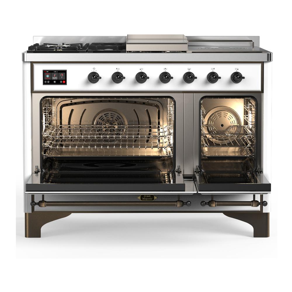 ILVE UM48FSNR3WHBLP Majestic III 48 inch Dual Fuel Range with 5 Black Brass Burners, Griddle and French Top, Dual Function Burner up to 25,000 BTU (Liquid Propane, Triple Glass Door, White, Burnished)