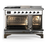ILVE UM48FSNR3WHBLP Majestic III 48 inch Dual Fuel Range with 5 Black Brass Burners, Griddle and French Top, Dual Function Burner up to 25,000 BTU (Liquid Propane, Triple Glass Door, White, Burnished)