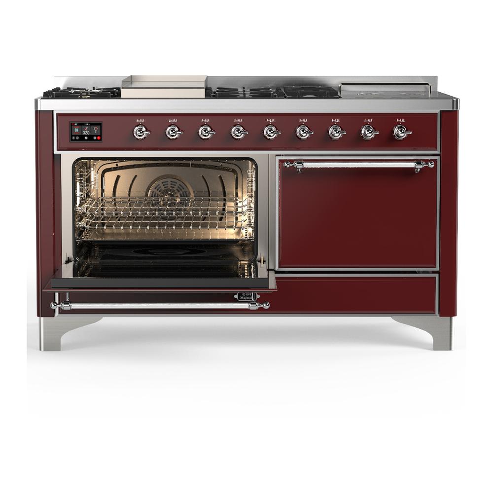 ILVE UM60FSQNR3BUCLP Majestic III 60 inch Dual Fuel Range with 7 Burners, Griddle and French Top, Dual Function Burner with up to 25,000 BTU (Liquid Propane, Solid Door, Burgundy, Chrome)