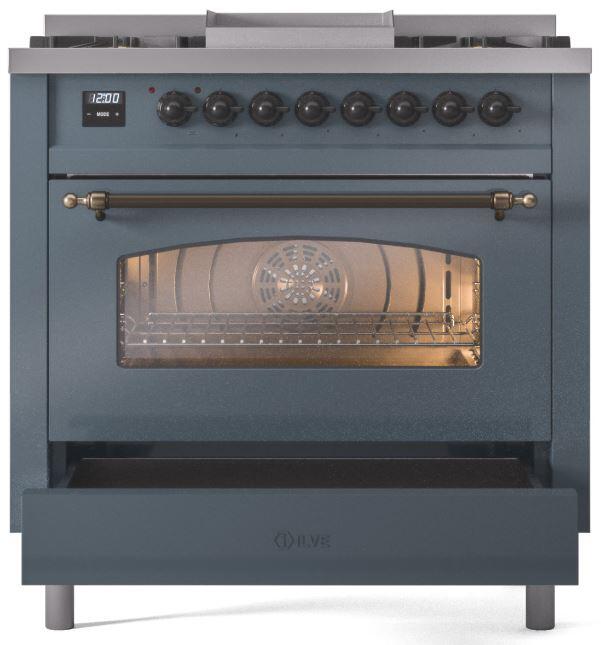 Nostalgie II 36 Inch Dual Fuel Natural Gas Freestanding Range in Blue Grey with Bronze Trim