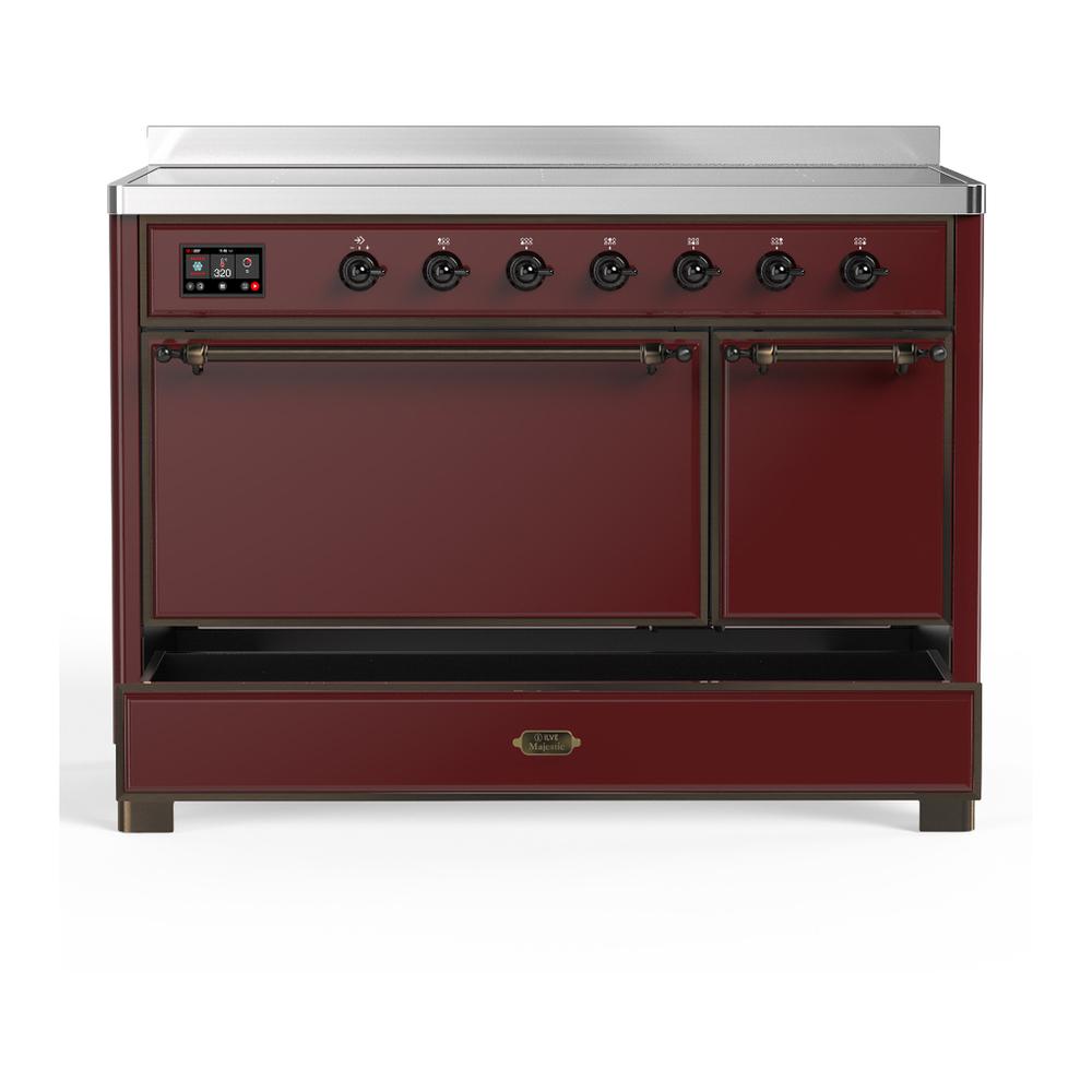 ILVE UMIB48QNR3BUB Majestic III 48 inch Induction Range with 6 Elements, 5.02 cu. ft. Total Oven Capacity (Solid Door, Burgundy, Burnished)