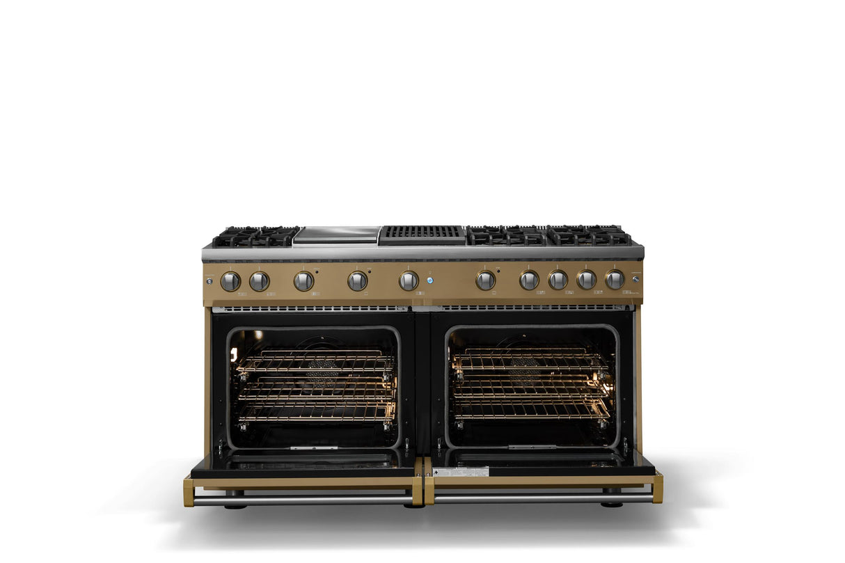 60"W. Sealed Burner Gas Range (Finish: Golden Hour, Trim: Brushed Brass, Fuel: Natural Gas)
