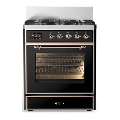 ILVE UM30NR3BKPLP Majestic III 30 inch Dual Fuel Range with 5 Black Brass Burners, Dual Function Burner up to 25,000 BTU (Liquid Propane, Triple Glass Door, Glossy Black, Copper)