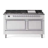 ILVE UN60FQNMPWHCLP Nostalgie II Noblesse 60 inch Dual Fuel Range (9 Sealed Burners + Griddle, Liquid Propane, Solid Door, White, Chrome)