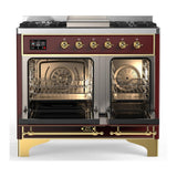ILVE UMD40FQNR3BUG Majestic III 40 inch Dual Fuel Range with 6 Burners and Griddle, Dual Function Burner up to 25,000 BTU (Natural Gas, Solid Door, Burgundy, Brass)
