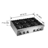 Forno Cossato Alta Qualita 36-Inch Pro-Style Gas Rangetop, Stainless Steel, 6 Sealed Burners, 83,000 BTU Total Output, Continuous Cast Iron Grates