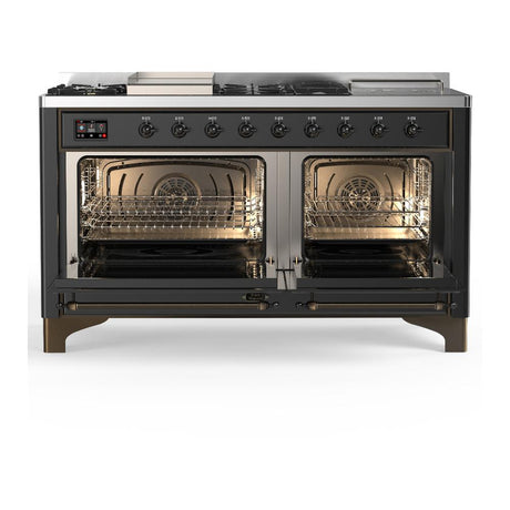 ILVE UM60FSQNR3MGB Majestic III 60 inch Dual Fuel Range with 7 Burners, Griddle and French Top, Dual Function Burner with up to 25,000 BTU (Natural Gas, Solid Door, Graphite Matte, Burnished)