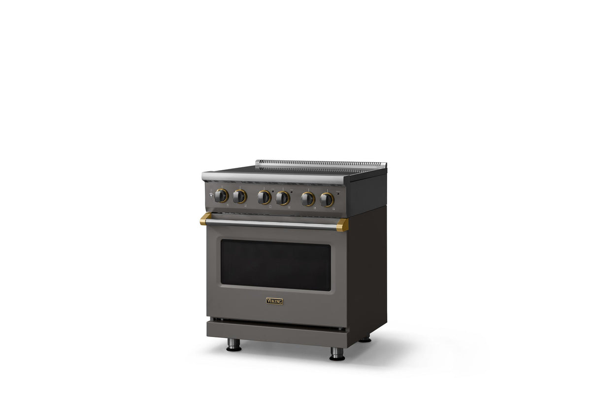 30"W. Electric Range (Finish: Damascus Gray, Trim: Brushed Brass)