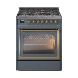 ILVE UN30NMPBGG Nostalgie II Noblesse 30 inch Dual Fuel Range (Natural Gas, Triple Glass Door, Blue Grey, Brass)