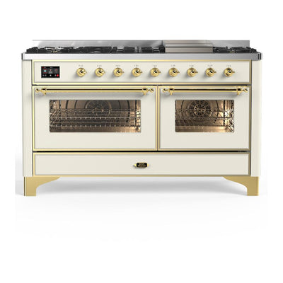 ILVE UM60FNR3AWG Majestic III 60 inch Dual Fuel Range with 9 Burners and Griddle, Dual Function Burner up to 25,000 BTU (Natural Gas, Triple Glass Door, Antique White, Brass)