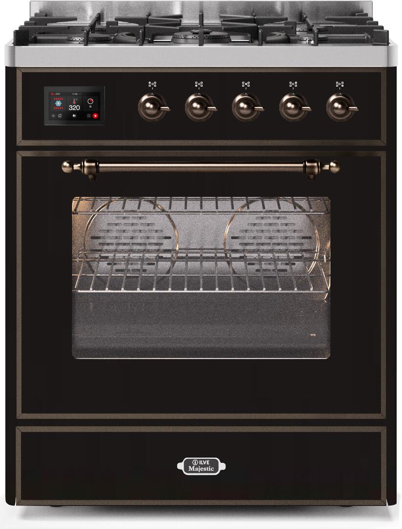 Majestic II 30 Inch Dual Fuel Liquid Propane Freestanding Range in Glossy Black with Bronze Trim