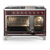 ILVE UM48FQNR3BUC Majestic III 48 inch Dual Fuel Range with 8 Burners and Griddle, Dual Function Burner up to 25,000 BTU (Natural Gas, Solid Door, Burgundy, Chrome)