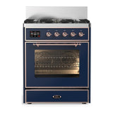 ILVE UM30NR3MBP Majestic III 30 inch Dual Fuel Range with 5 Black Brass Burners, Dual Function Burner up to 25,000 BTU (Natural Gas, Triple Glass Door, Midnight Blue, Copper)