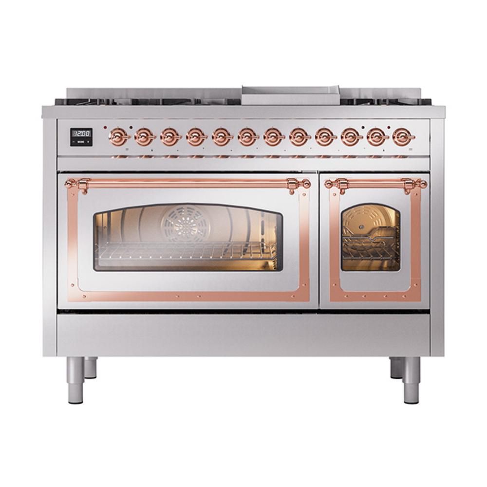 ILVE UN48FNMPSSP Nostalgie II Noblesse 48 inch Dual Fuel Range (8 Sealed Burners + Griddle, Natural Gas, Triple Glass Door, Stainless Steel, Copper)