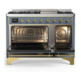 ILVE UM48FQNR3BGGLP Majestic III 48 inch Dual Fuel Range with 8 Burners and Griddle, Dual Function Burner up to 25,000 BTU (Liquid Propane, Solid Door, Blue Grey, Brass)