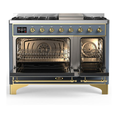 ILVE UM48FQNR3BGGLP Majestic III 48 inch Dual Fuel Range with 8 Burners and Griddle, Dual Function Burner up to 25,000 BTU (Liquid Propane, Solid Door, Blue Grey, Brass)