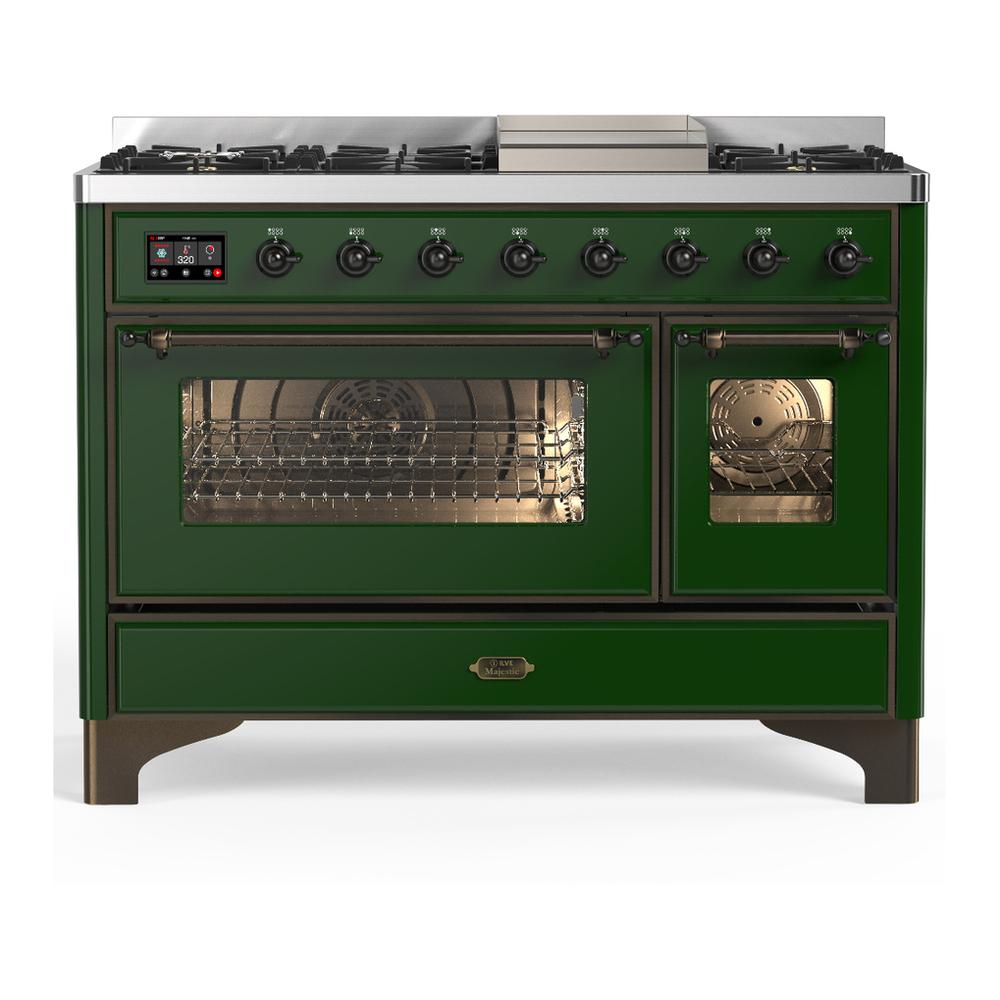 ILVE UM48FNR3EGBLP Majestic III 48 inch Dual Fuel Range with 8 Burners and Griddle, Dual Function Burner up to 25,000 BTU (Liquid Propane, Triple Glass Door, Emerald Green, Burnished)