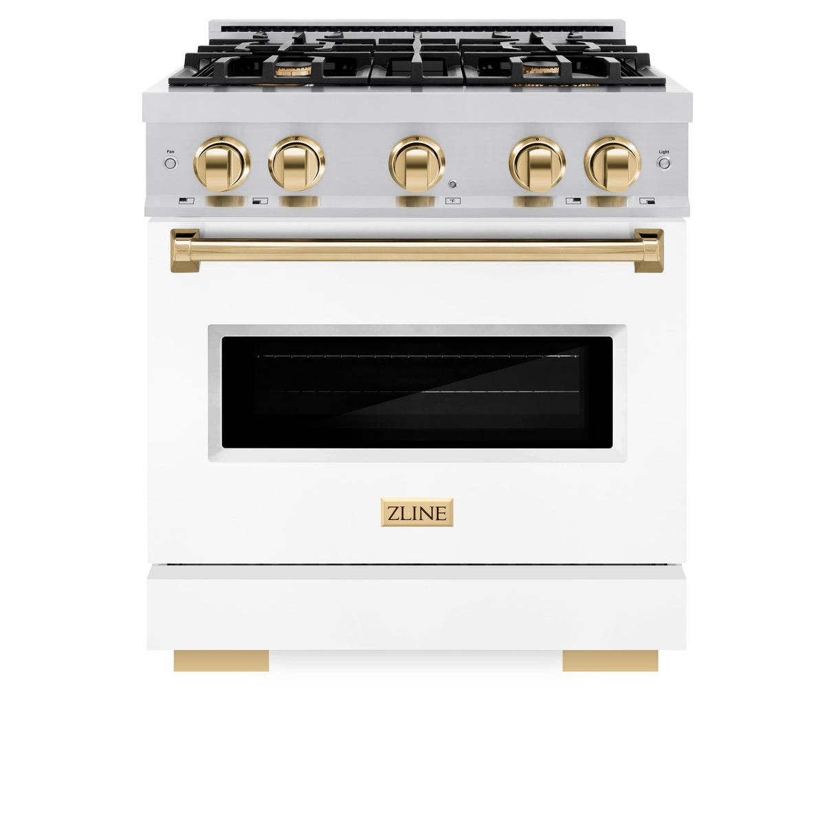 ZLINE Autograph Edition 30 in. 4.2 cu. ft. Classic Gas Range with 4 Burner Cooktop and Convection Gas Oven in Stainless Steel with White Matte Door and Polished Gold Accents (CGRZ-WM-30-G)