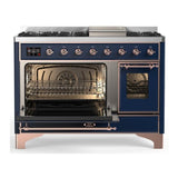 ILVE UM48FNR3MBP Majestic III 48 inch Dual Fuel Range with 8 Burners and Griddle, Dual Function Burner up to 25,000 BTU (Natural Gas, Triple Glass Door, Midnight Blue, Copper)