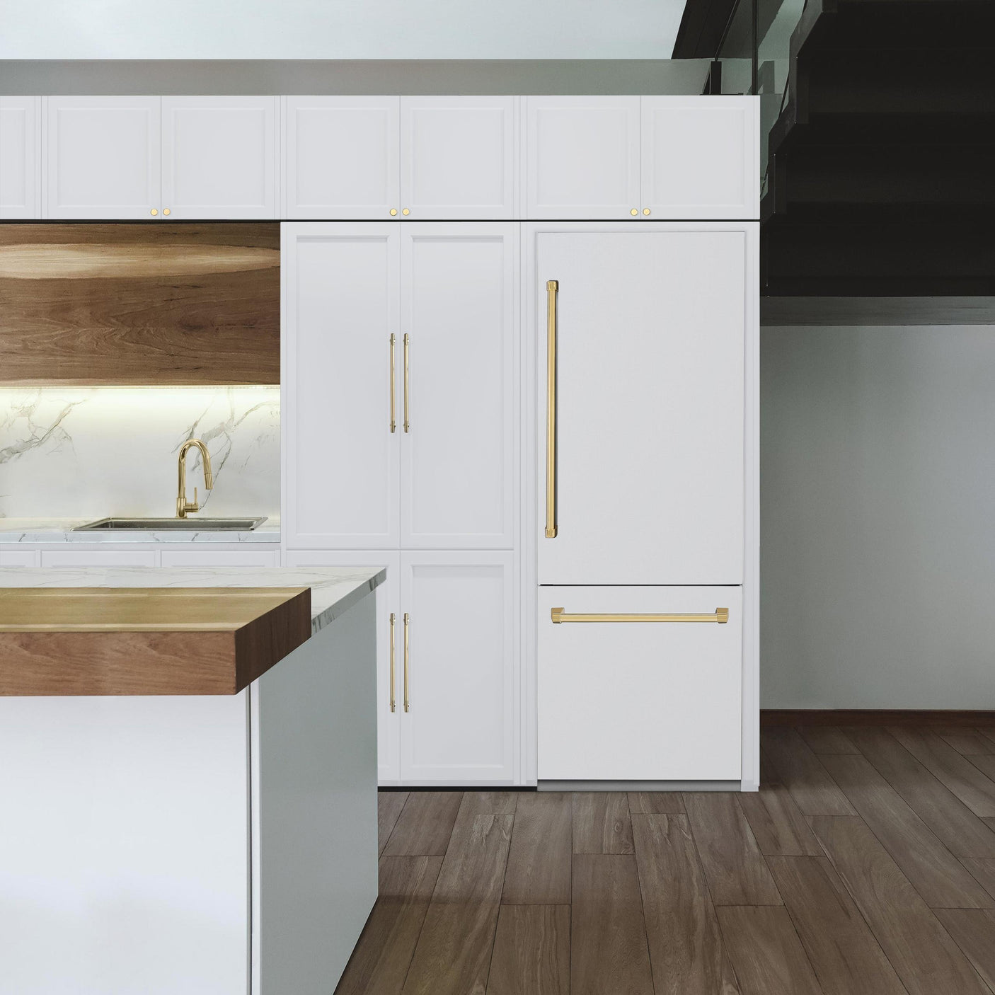 ZLINE 30" Autograph Edition 16.1 cu. ft. Built-in 2-Door Bottom Freezer Refrigerator with Internal Water and Ice Dispenser in White Matte with Polished Gold Accents (RBIVZ-WM-30-G)