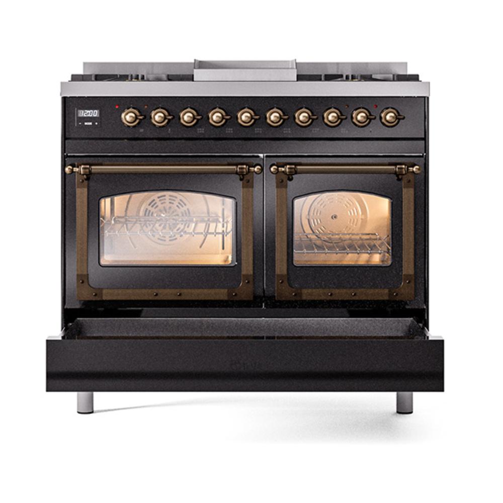 ILVE UND40FNMPBKB Nostalgie II Noblesse 40 inch Dual Fuel Range (Natural Gas, Triple Glass Door, Glossy Black, Burnished)