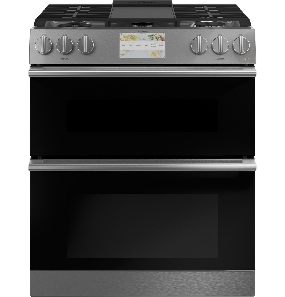 CAF(EBACK)™ 30" Smart Slide-In, Front-Control, Dual-Fuel, Double-Oven Range with Convection in Platinum Glass