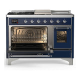 ILVE UM48FSNR3MBCLP Majestic III 48 inch Dual Fuel Range with 5 Black Brass Burners, Griddle and French Top, Dual Function Burner up to 25,000 BTU (Liquid Propane, Triple Glass Door, Midnight Blue, Chrome)