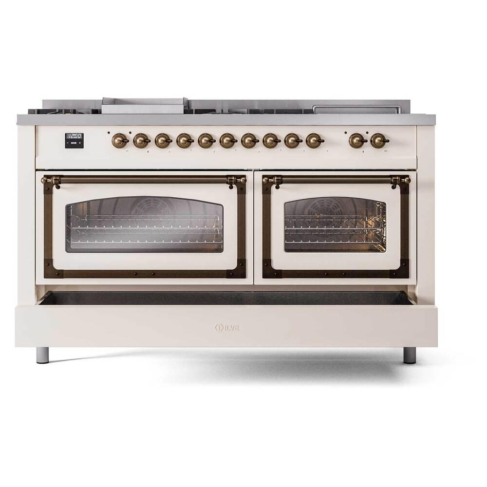ILVE UN60FSNMPAWBLP Nostalgie II Noblesse 60 inch Dual Fuel Range (7 Sealed Burners + Griddle + French Top, Liquid Propane, Triple Glass Door, Antique White, Burnished)