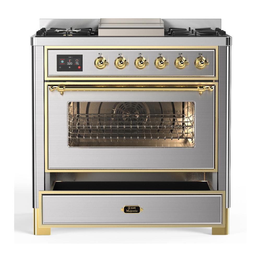 ILVE UM36FNR3SSGLP Majestic III 36 inch Dual Fuel Range with 6 Black Brass Burners and Griddle, Dual Function Burner up to 25,000 BTU (Triple Glass Door, Stainless Steel, Brass, Liquid Propane)