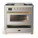 ILVE UM36FNR3SSGLP Majestic III 36 inch Dual Fuel Range with 6 Black Brass Burners and Griddle, Dual Function Burner up to 25,000 BTU (Triple Glass Door, Stainless Steel, Brass, Liquid Propane)