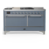 ILVE UM60FSQNR3BGCLP Majestic III 60 inch Dual Fuel Range with 7 Burners, Griddle and French Top, Dual Function Burner with up to 25,000 BTU (Liquid Propane, Solid Door, Blue Grey, Chrome)