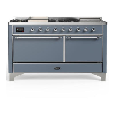 ILVE UM60FSQNR3BGCLP Majestic III 60 inch Dual Fuel Range with 7 Burners, Griddle and French Top, Dual Function Burner with up to 25,000 BTU (Liquid Propane, Solid Door, Blue Grey, Chrome)