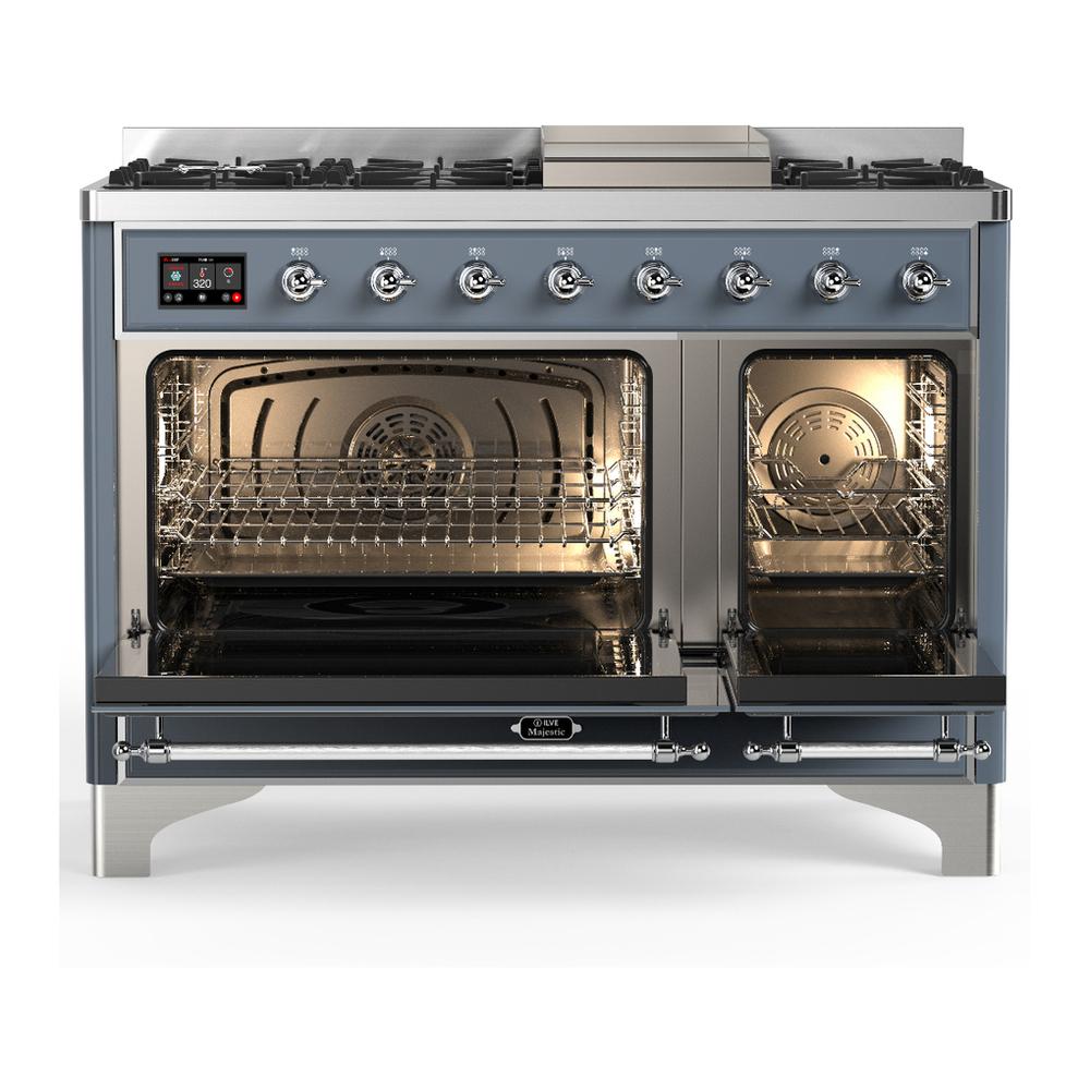 ILVE UM48FQNR3BGCLP Majestic III 48 inch Dual Fuel Range with 8 Burners and Griddle, Dual Function Burner up to 25,000 BTU (Liquid Propane, Solid Door, Blue Grey, Chrome)