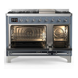 ILVE UM48FQNR3BGCLP Majestic III 48 inch Dual Fuel Range with 8 Burners and Griddle, Dual Function Burner up to 25,000 BTU (Liquid Propane, Solid Door, Blue Grey, Chrome)