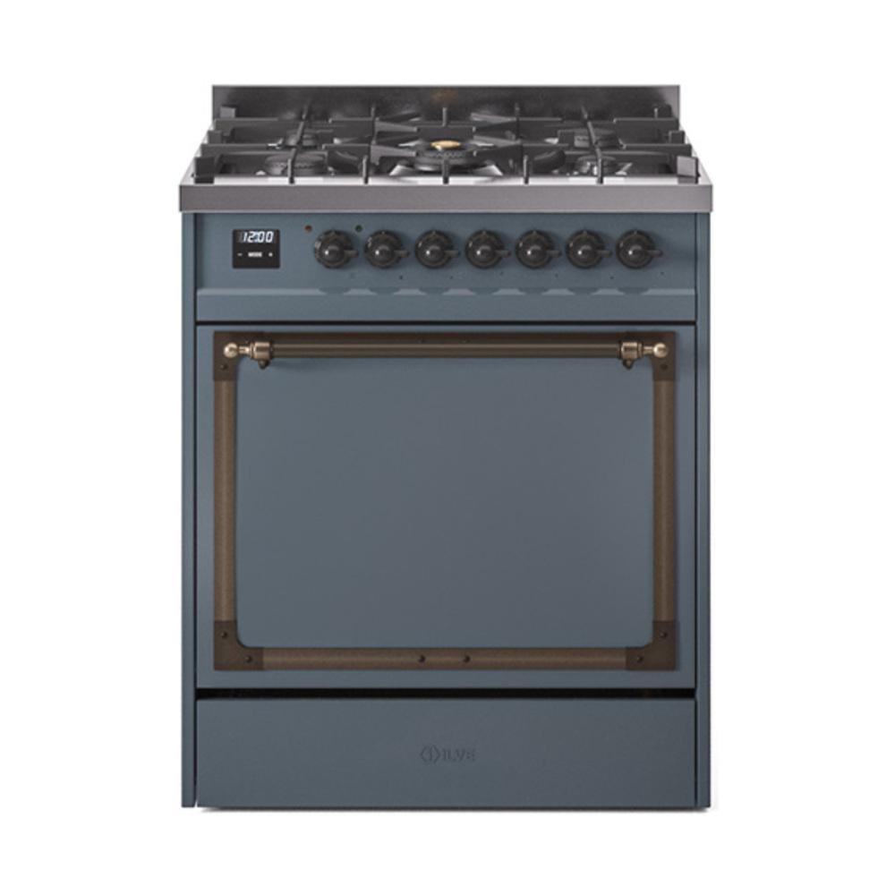 ILVE UN30QNMPBGB Nostalgie II Noblesse 30 inch Dual Fuel Range (Natural Gas, Solid Door, Blue Grey, Burnished)